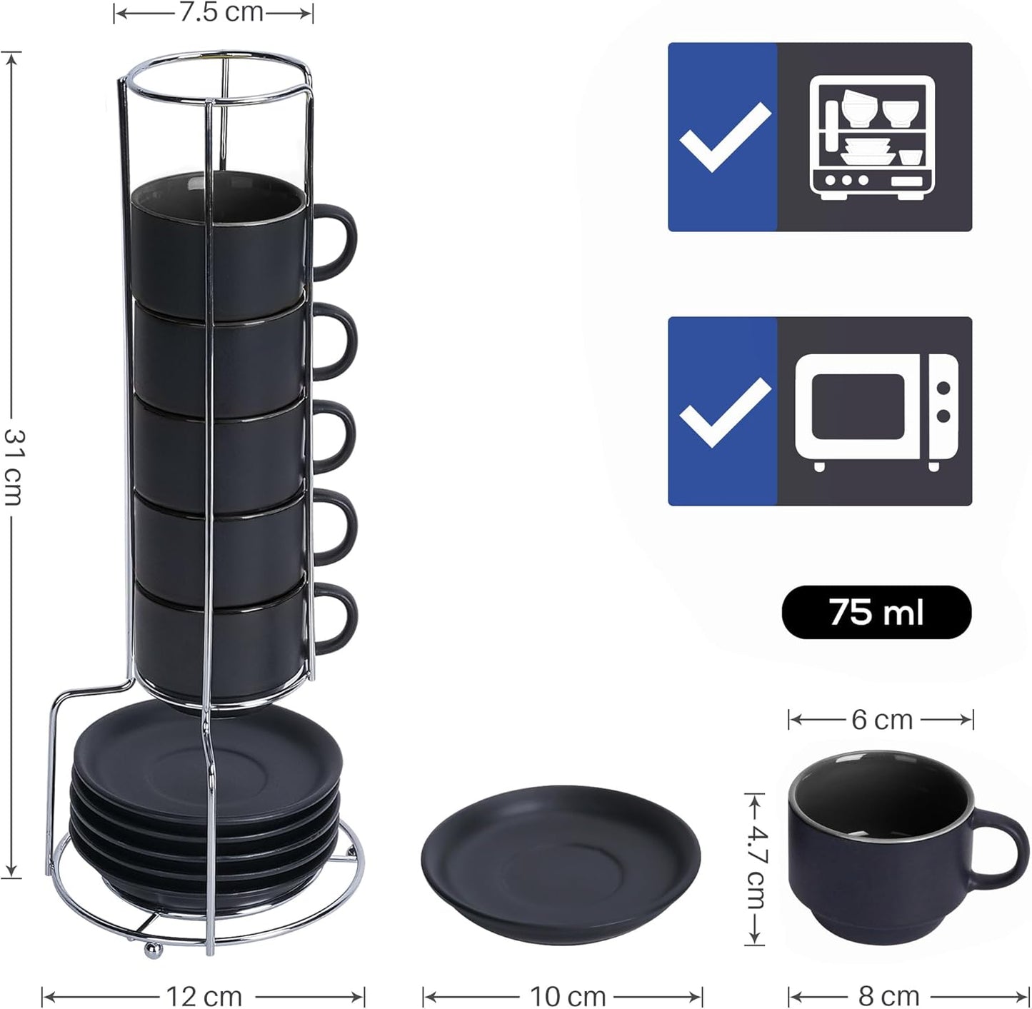 MIAMIO - 2.5 oz Espresso Cup Set with Saucers Coffee Mug Set of 6 - Ceramic Coffee Mug Stackable Espresso Mug with Stand for Coffee Drinks, Latte, Cafe Mocha - Le Papillon Collection (Black)