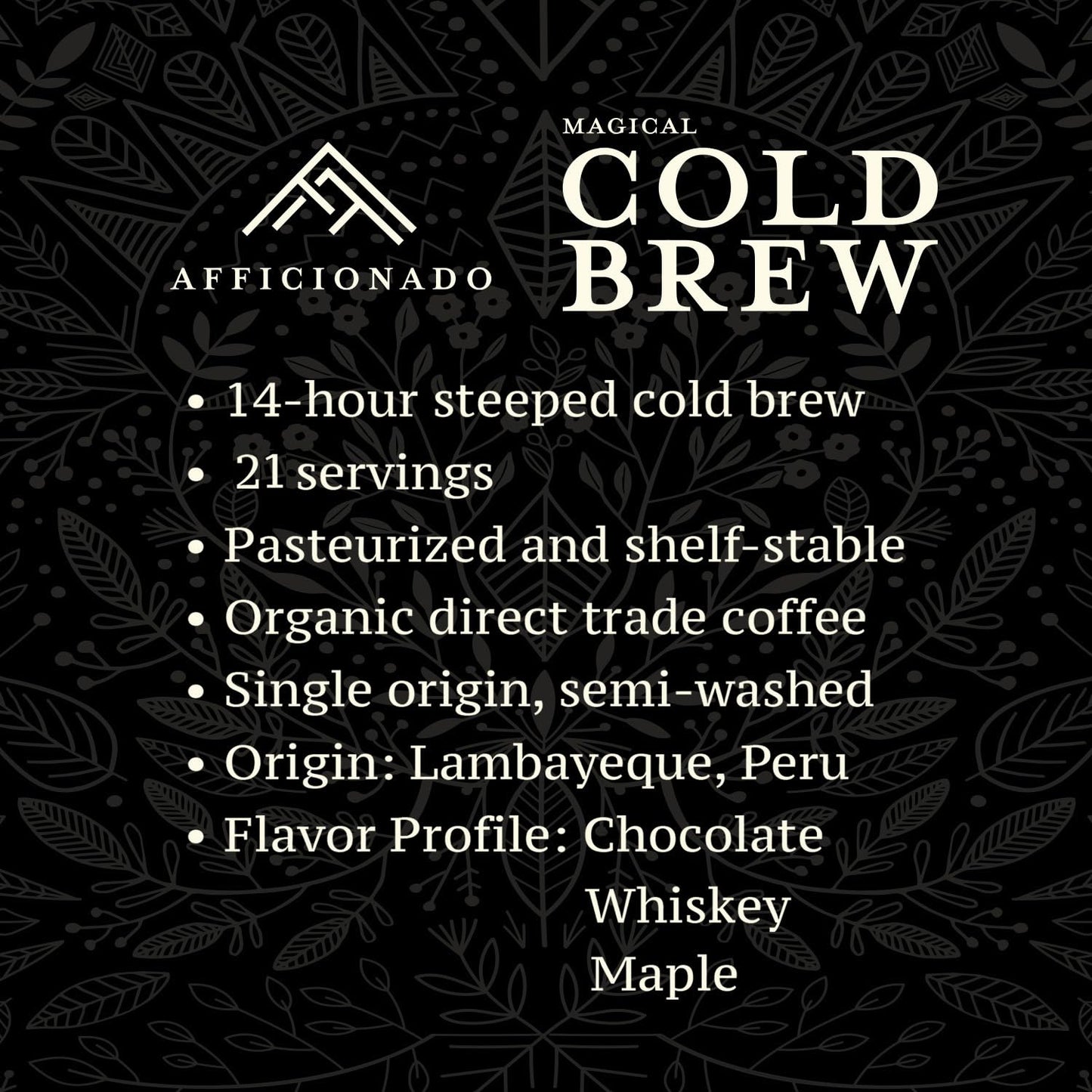 Afficionado Coffee Roasters | Magical Cold Brew | 1 Gallon | Bag in Box | Single Origin Peruvian Coffee | Medium Roast | Ready to Drink | Pasteurized & Shelf-Stable