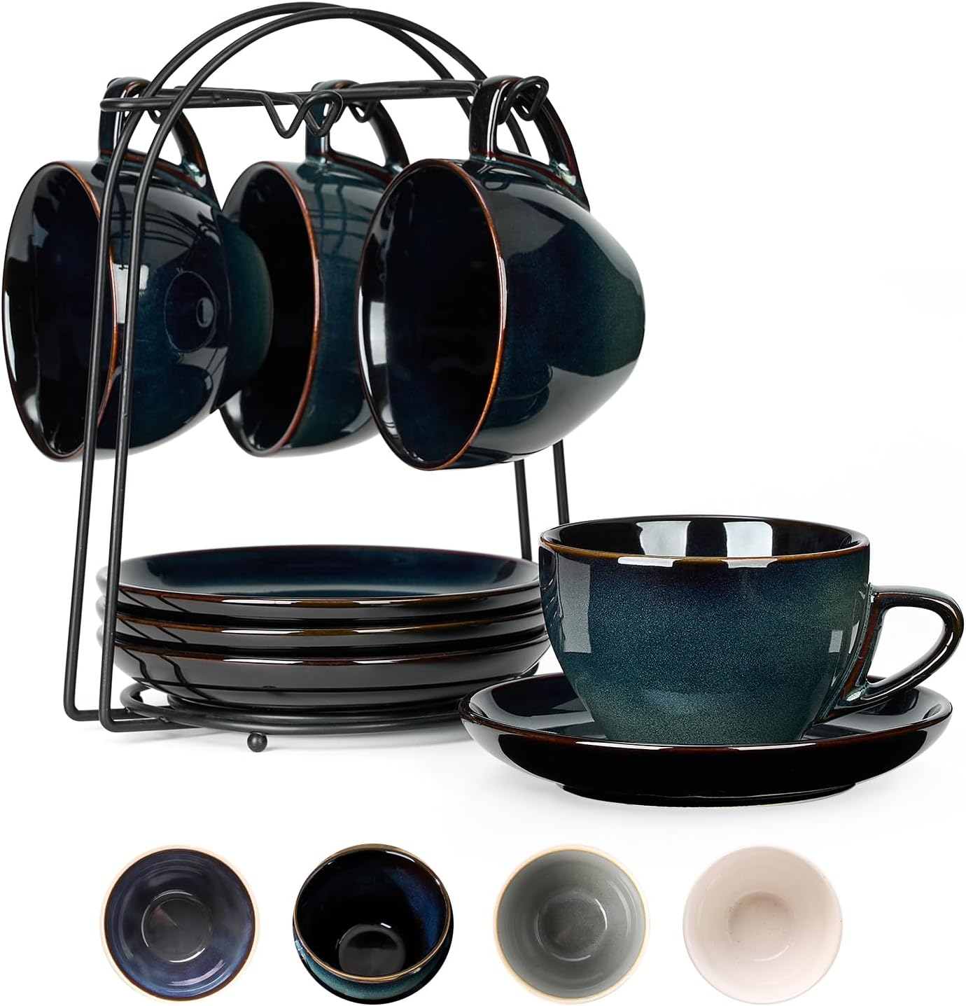 SIDUCAL Espresso Cups Set of 4 [8oz] Porcelain Coffee Cups with Saucers and Holder,Latte Cups- Latte Art Cup - Microwave/Dishwasher Safe,Espresso Demitasse Cups(Blue and Green)