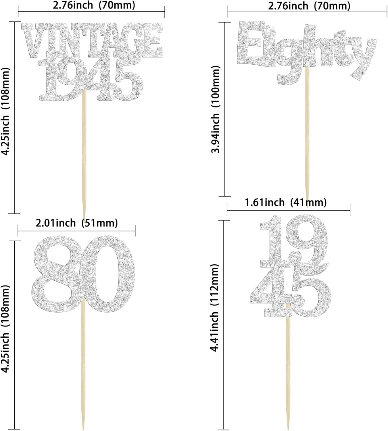 Gyufise 24Pcs 80th Birthday Cupcake Toppers Glitter Cheers to 80 Fabulous Eighty Vintage 1945 Cupcake Picks 80th Birthday Wedding Anniversary Party Cake Decorations Supplies Silver