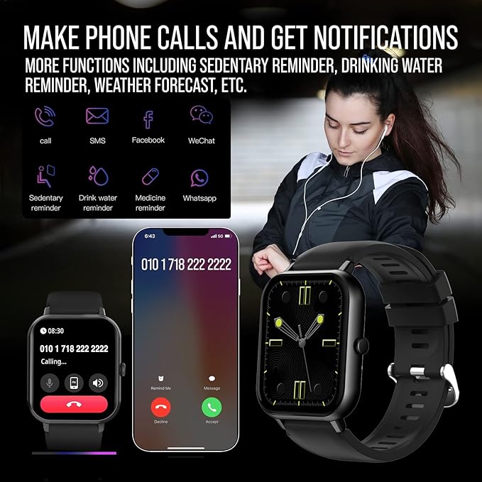 Smart Watch (Answer/Make Calls) 1.83" Fitness Tracker Heart Rate Blood Pressure Oxygen Sleep Monitor 200 Sport Modes Step Calories Trackers IP67 Waterproof Android iPhone Women Men (Black)