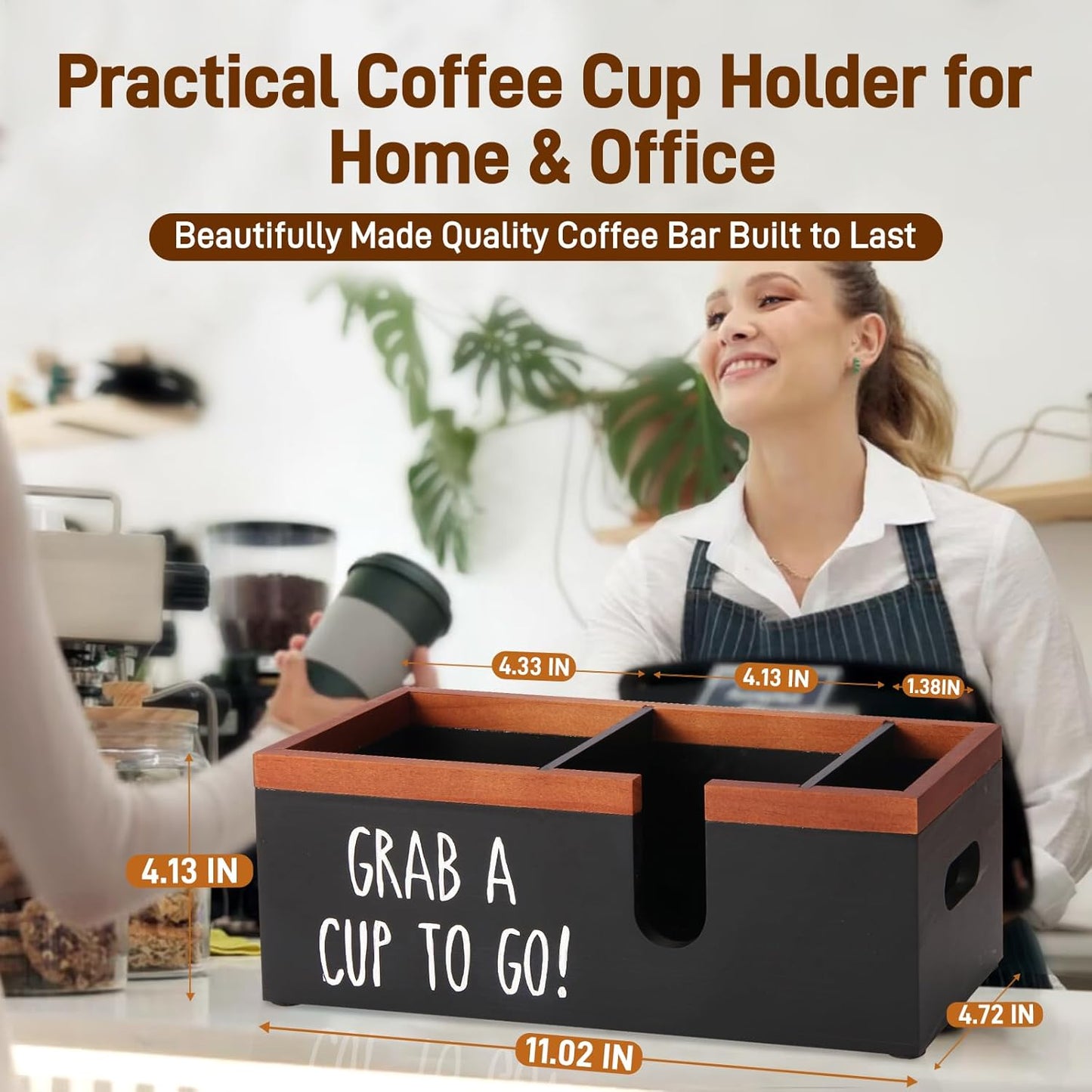 100% Wooden Coffee Cups Holder with U-Shape Cutout Design for Countertop-Coffee Bar Organizer for Cups, Lids, Pods, Stirrers, and Accessories, Great Gift for Home or Office