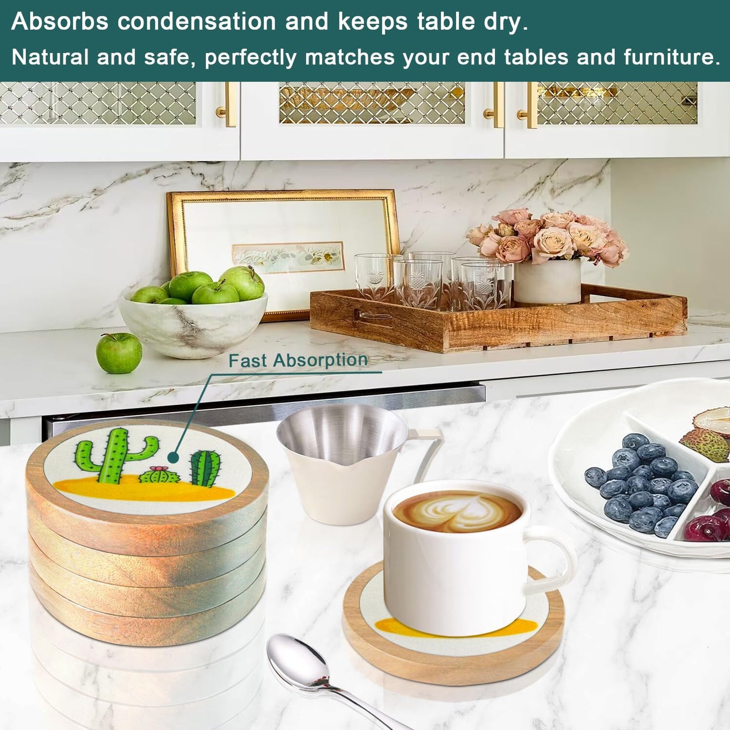 Cactus Coasters for Drinks, Minacun Absorbent Coaster Set of 5, Funny Coasters for Coffee Tabletop Protection, Unique Gift for Home, Office, Bar Decor, 4.3 Inches