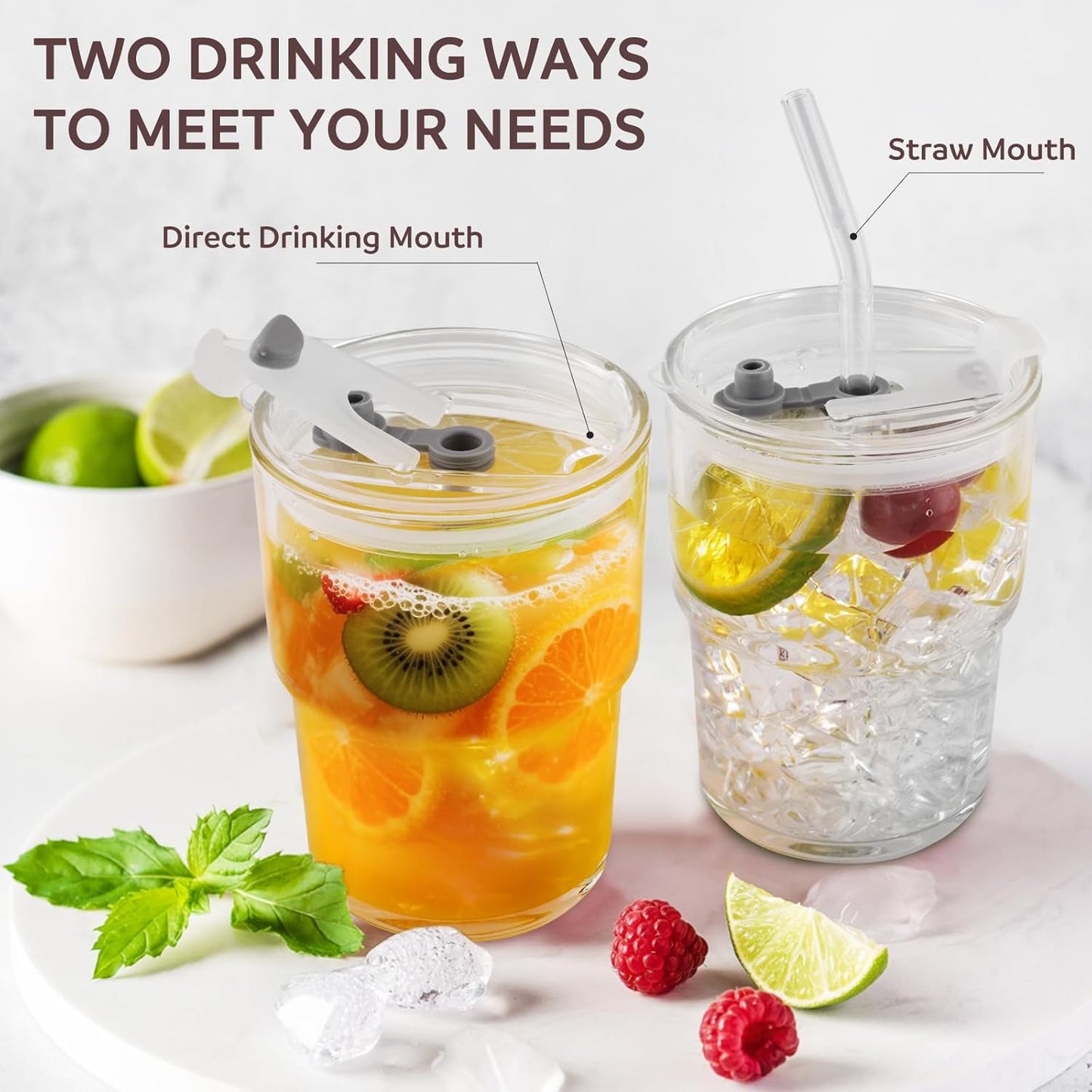 2PCS Glass Cups With Lids And Straws, Iced Coffee Cup,15Oz/450ml Iced Coffee Glasses Tumbler, Thick Wall Glass Mug For Tea Water, Matcha Cup Chirstmas Gifts (Clear, 2PCS)