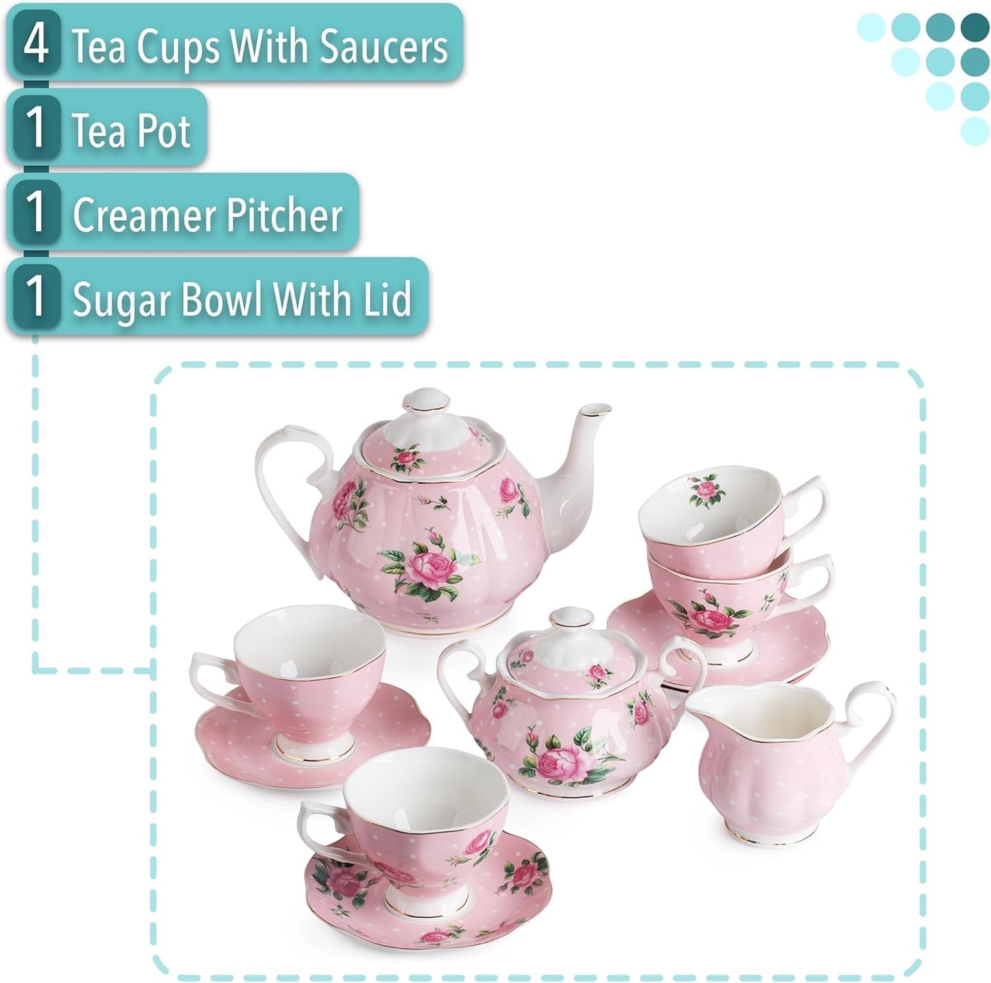 BTaT- Floral Tea Sets for Adults, 13 pcs, Service for 4, Pot (38 oz) & Cups (8 oz) with Saucers, Pastel Pink Floral Design with Gift Box, Porcelain Tea Set for Adult, Dishwasher Safe