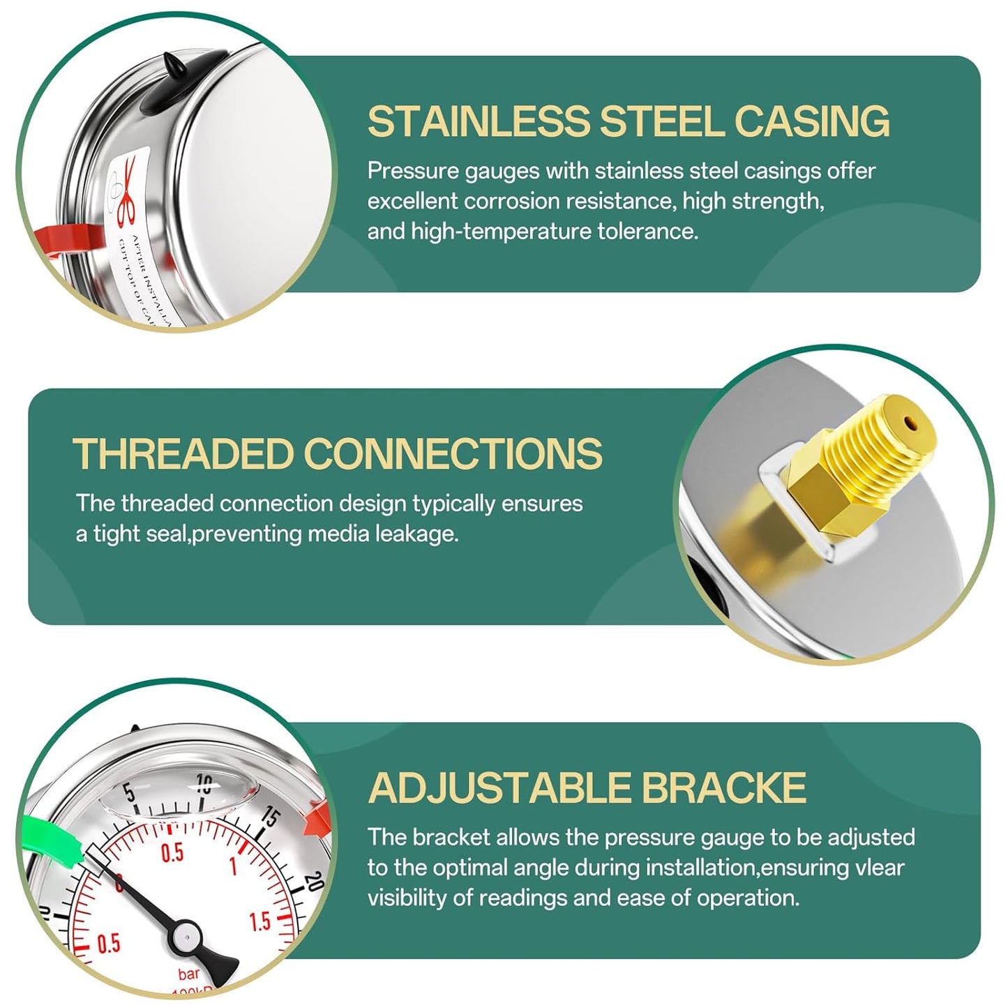 -30inHG-30psi Stainless Steel Glycerin Liquid Filled Vacuum Pressure Gauge 1/4" NPT 2.5" Face Dial Center Back Mount, for Water, Oil and Air Pressure Testing (with Range Mark Pointer)