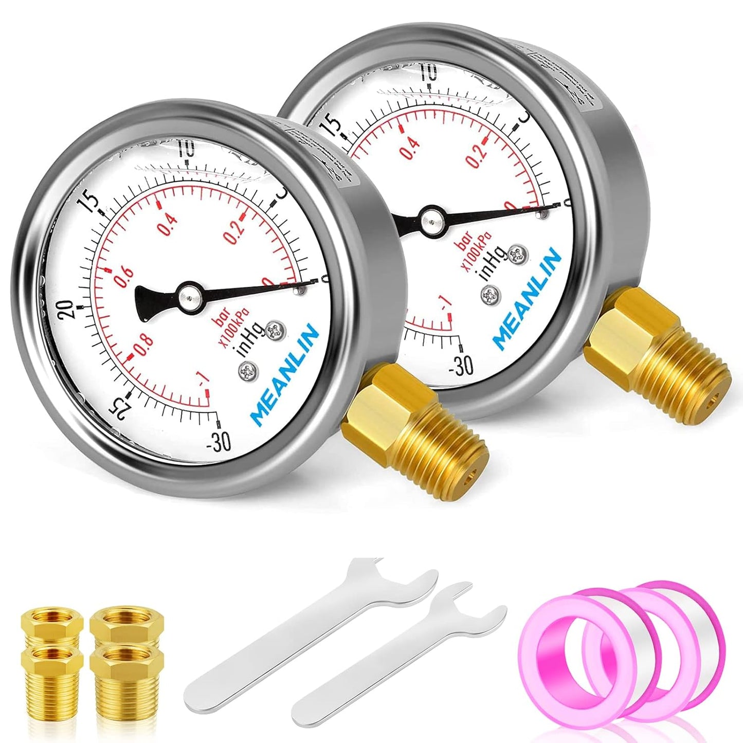 MEANLIN MEASURE -30inHG~0Psi Stainless Steel 1/4" NPT 2.5" FACE DIAL Vacuum Pressure Gauge, Lower Mount (Pack of 2), with 1/2" NPT and 3/8" NPT Hex Bushing