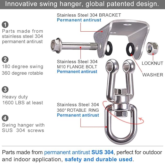 SELEWARE Stainless Steel Swing Hangers Heavy Duty Ceiling Swing Mounts Free Swivel Swing Hooks Swing Hardware Kits for Yoga Swing Hammock Chair Porch Swing Sets Heavy Bag 1000 LB Capacity Each 2 Pack