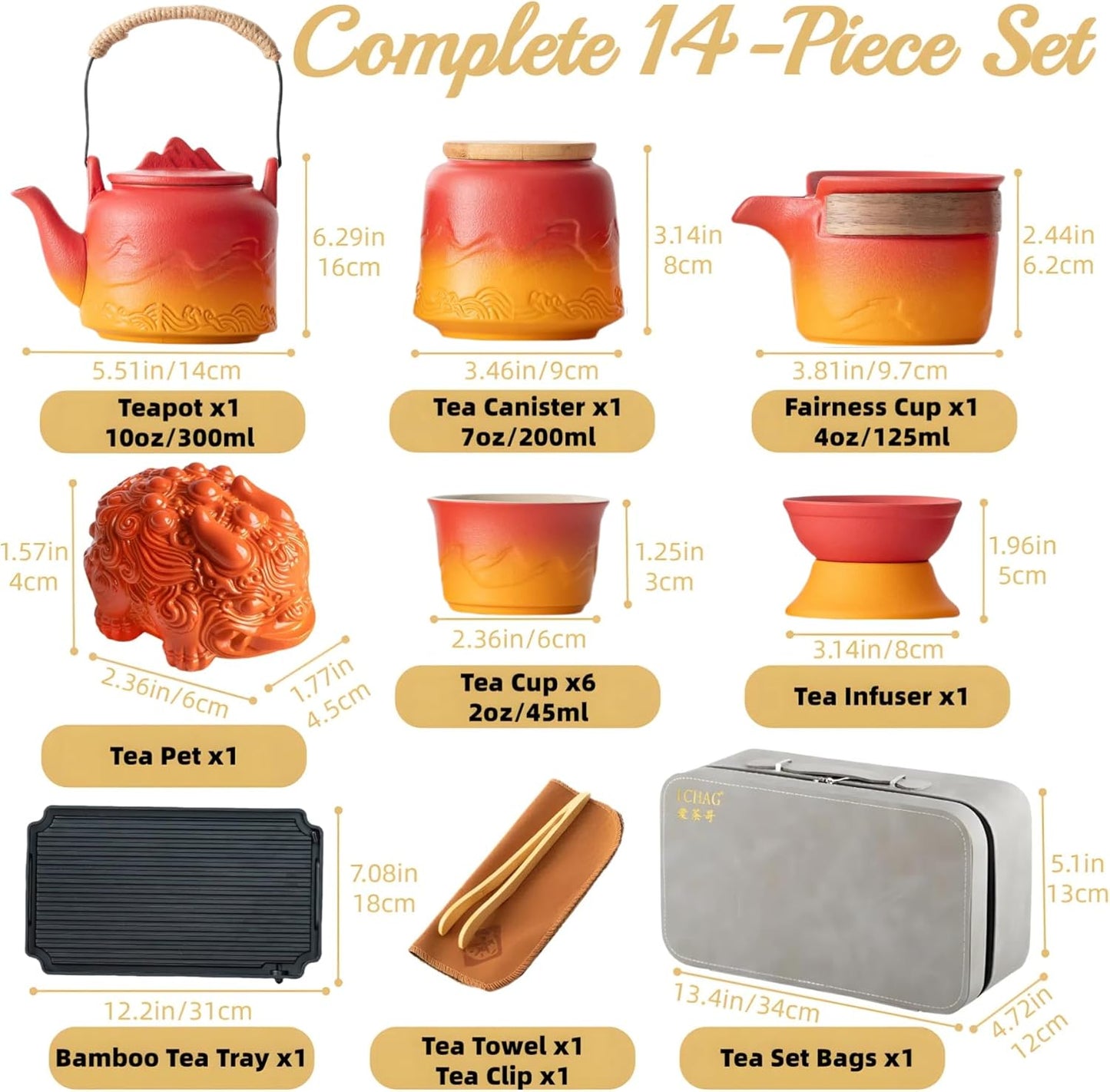 ICHAG Chinese Tea Set, Japanese Tea Sets for Adults, 15-Piece Porcelain Gongfu Tea Set with Tea Pet & Tea Tray, Japanese Teapot Set, Travel Tea Party Set, for Home/Office/Outdoor/Gifts (Red)