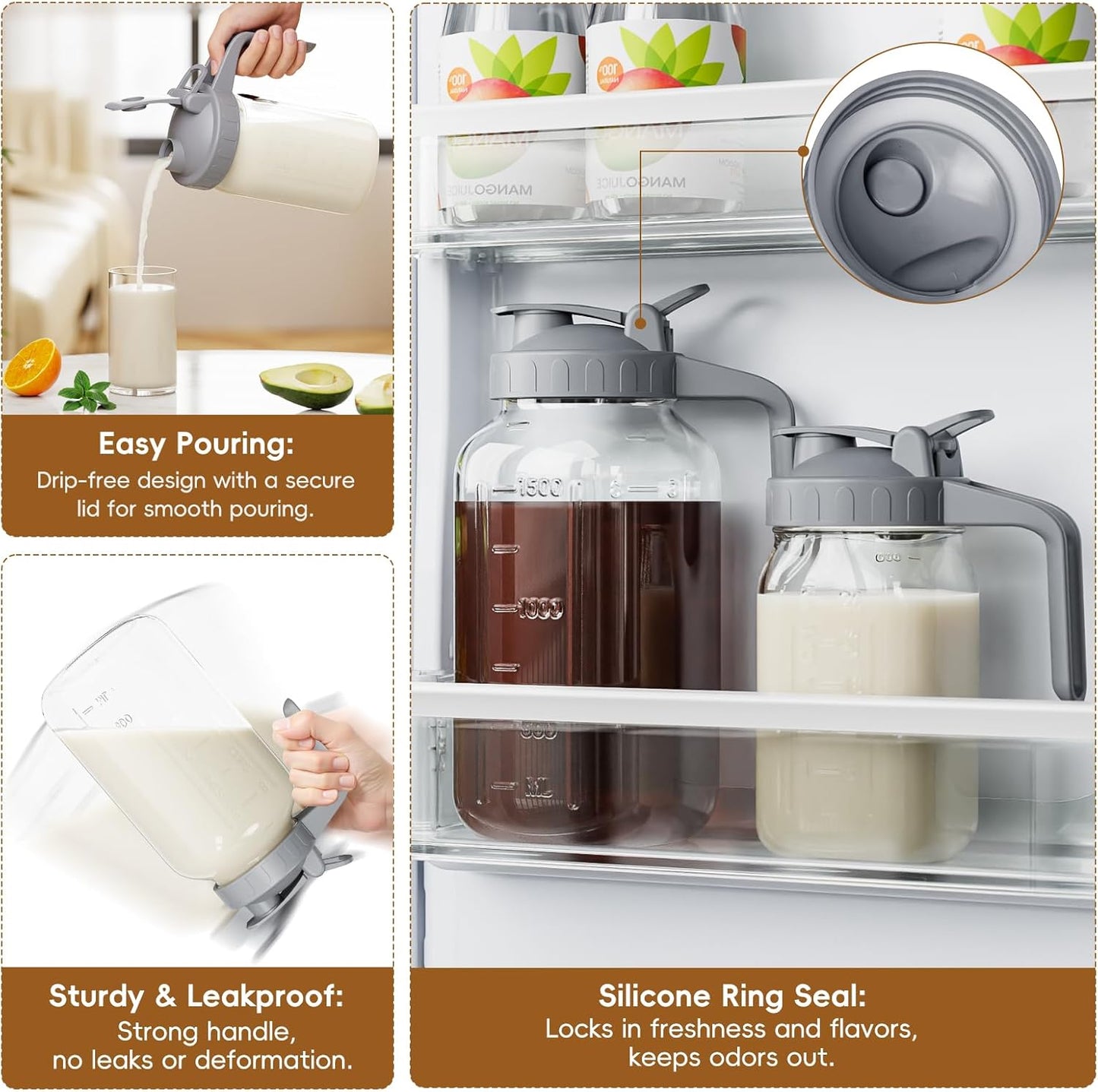 Breast Milk Pitcher Jug - 32 oz Glass Mason Jar Airtight Pitcher with Pour Spout Handle for Breastmilk, Iced Tea, Ice Drinks Storage Container