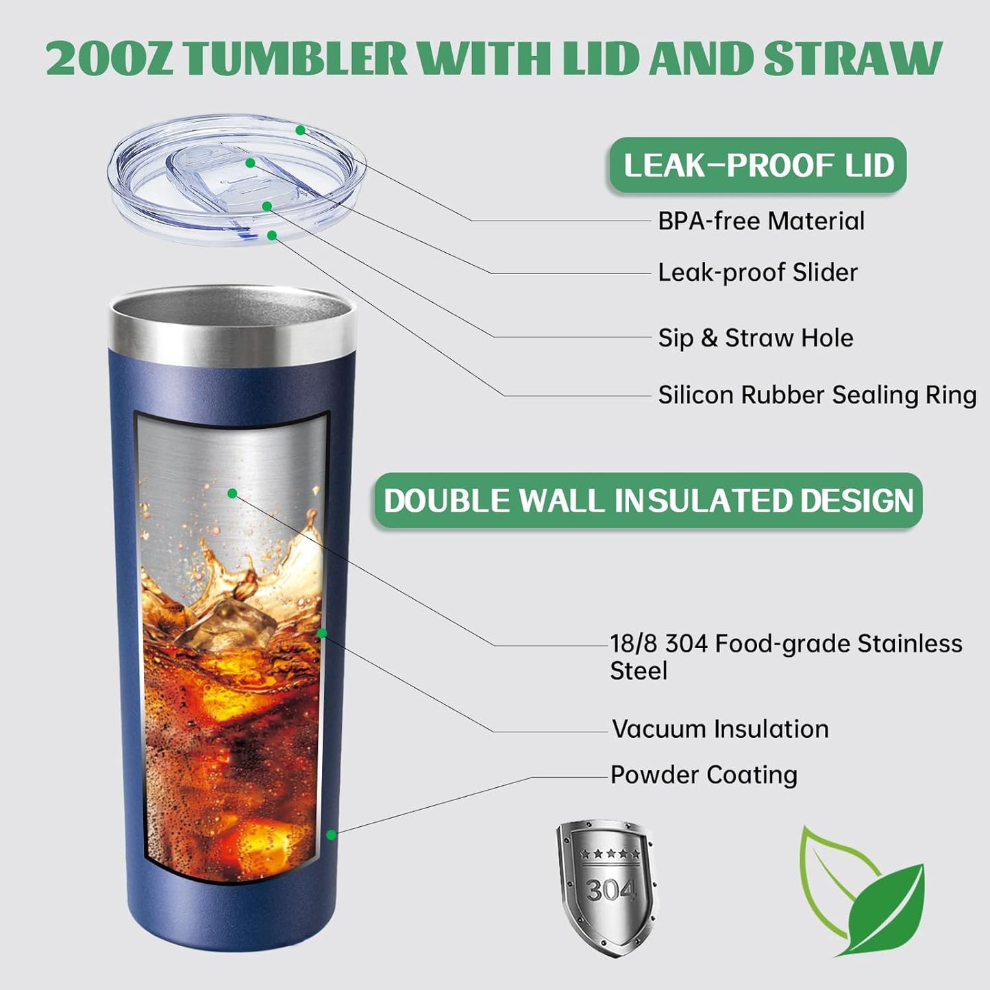 20 oz Skinny Tumbler with Lid and Straw,Stainless Steel Vacuum Insulated Tumbler Cup Double Wall Leak-proof Coffee Mug,Travel Thermal Water Tumbler for Home,Office,Outdoor(Navy Blue,4)