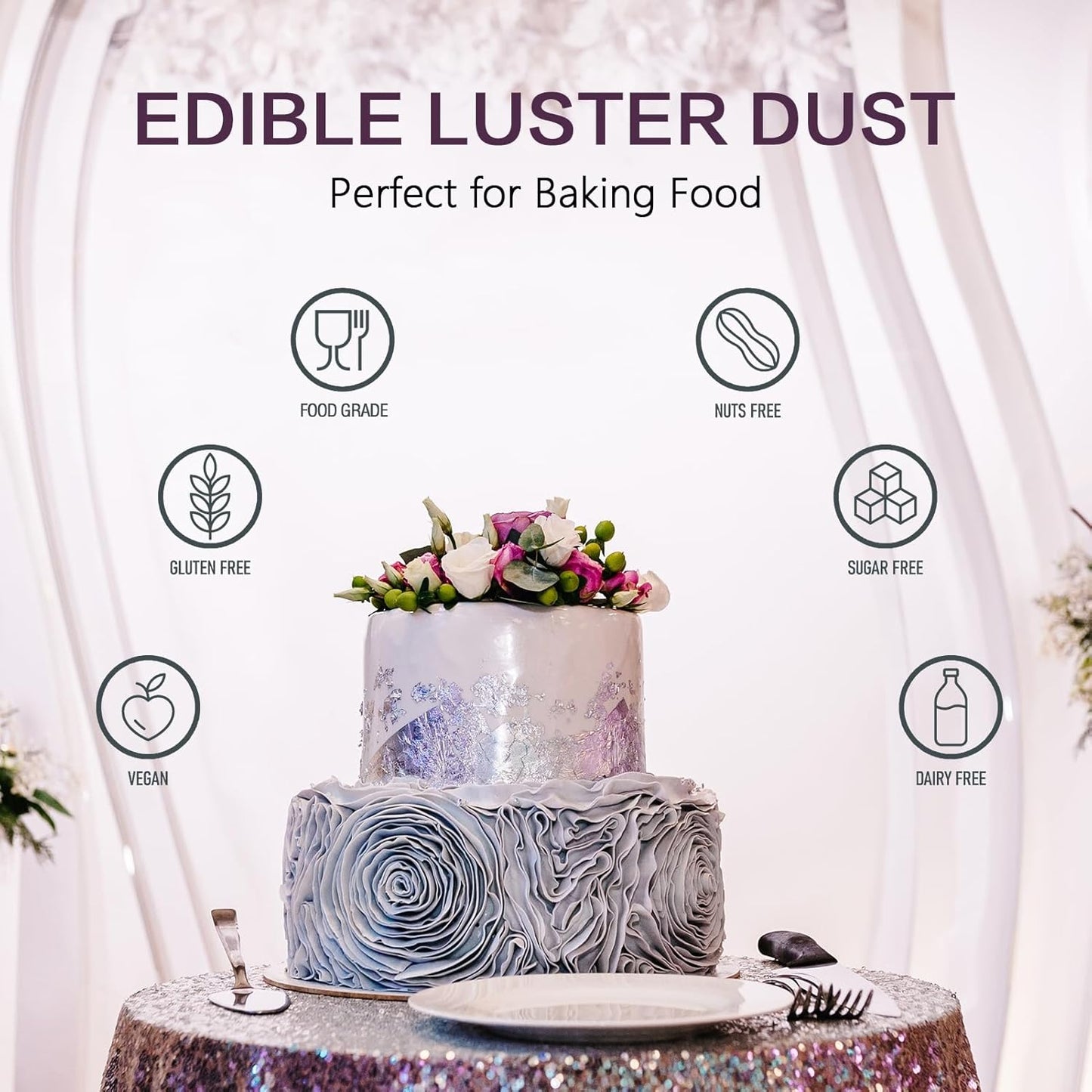 PAVADOR Edible Luster Dust,Silver Luster Dust 12g Food Grade Metallic Shimmer,Edible Glitter for Desserts Cake Decorating, Baking, Fondant, Chocolate, Candy, Drinks, Cookies, Vegan