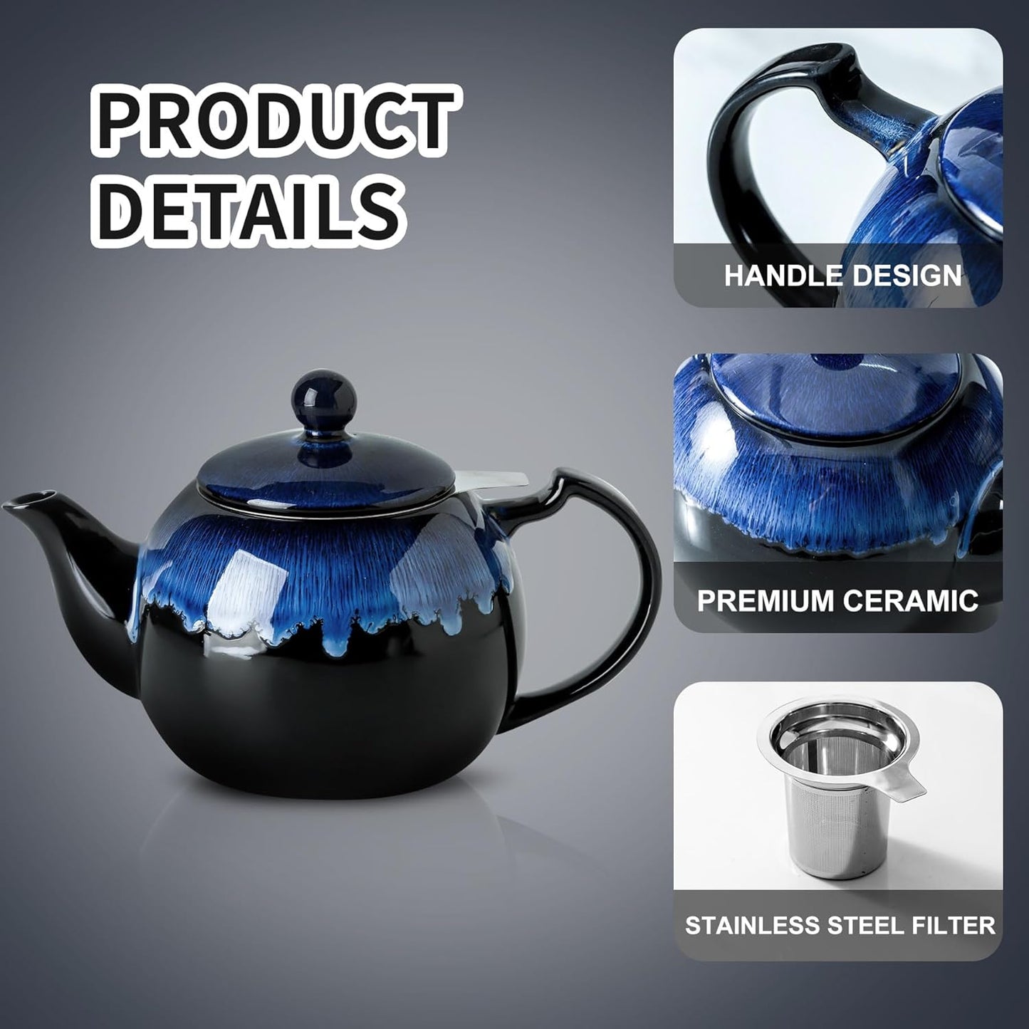 KOOV Tea Pot with Infuser for Loose Tea, 34 ounce Ceramic Teapot with Infuser, Enough For 6 Cups, Tea Pots with Tea Strainers for Tea Party, Reactive Glaze (Nebula Blue)