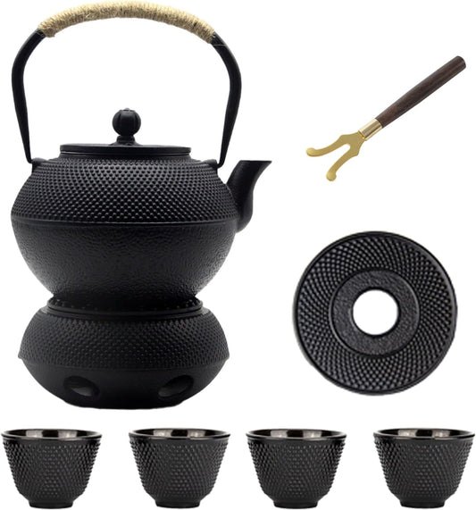 40.6oz Cast Iron Teapot Set with Cast Iron Warmer, Japanese Tetsubin Tea Kettle Set with Cups,Cast Iron Teapot with Stainless Steel Infuser and Enameled Interior for Stovetop Safe(1200ml)