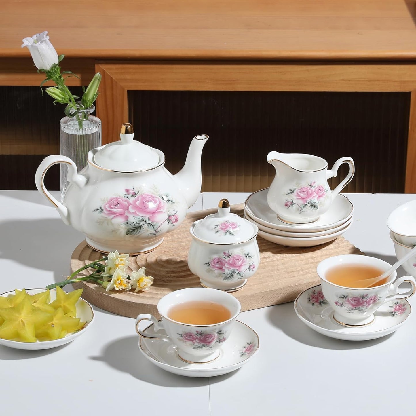 Sweejar Porcelain Tea Sets, Vintage British Floral Relief Gold Rimmed Teapot Cup and Saucer Set, Tea Set Service for 6, with Teapot, Sugar Bowl, Milk Jug, Spoons, Tea Cup and Saucer (Pink Flower)