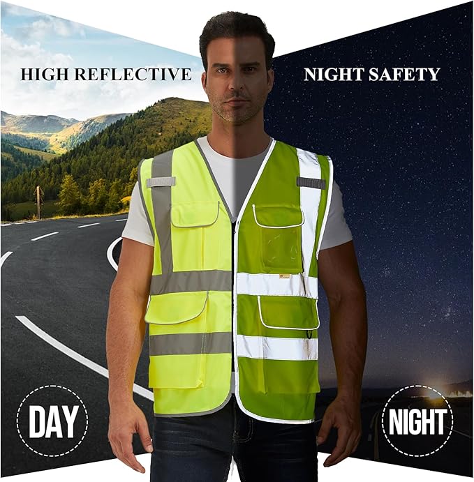SIFE Reflective Safety Vest High Visibility Vest With 7 Pockets And YKK Zipper, ANSI/ISEA Class 2 Standard, Made With 3M Reflective Tape(03Y-Yellow,M)