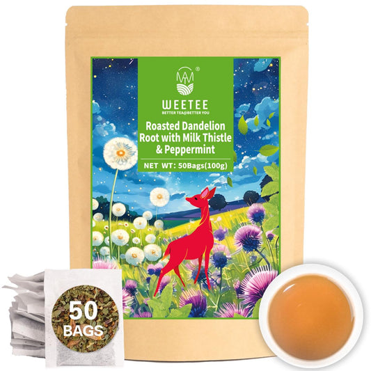 WT WEETEE Roasted Dandelion Root Tea with Milk Thistle and Peppermint, 50 Natural Caffeine-free Herbal Tea Bags for Liver Cleanse