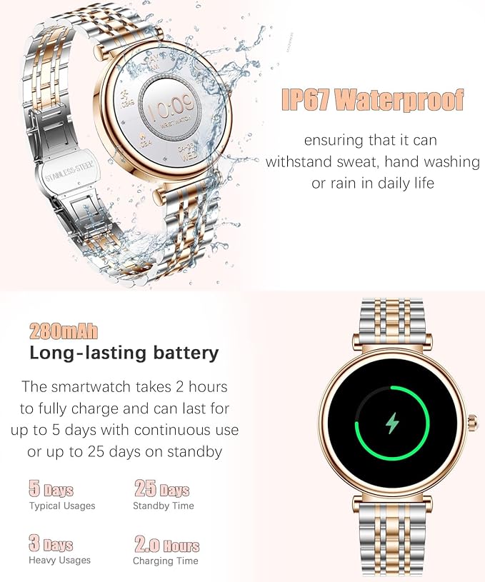 Smart Watch for Women 1.27" Color Screen Waterproof Fitness Activity Tracker Rose Gold Women's Smart Watch with Heart Rate Sleep Monitor for Android and iOS (Two-Tone Rose Gold Steel RT-i109)