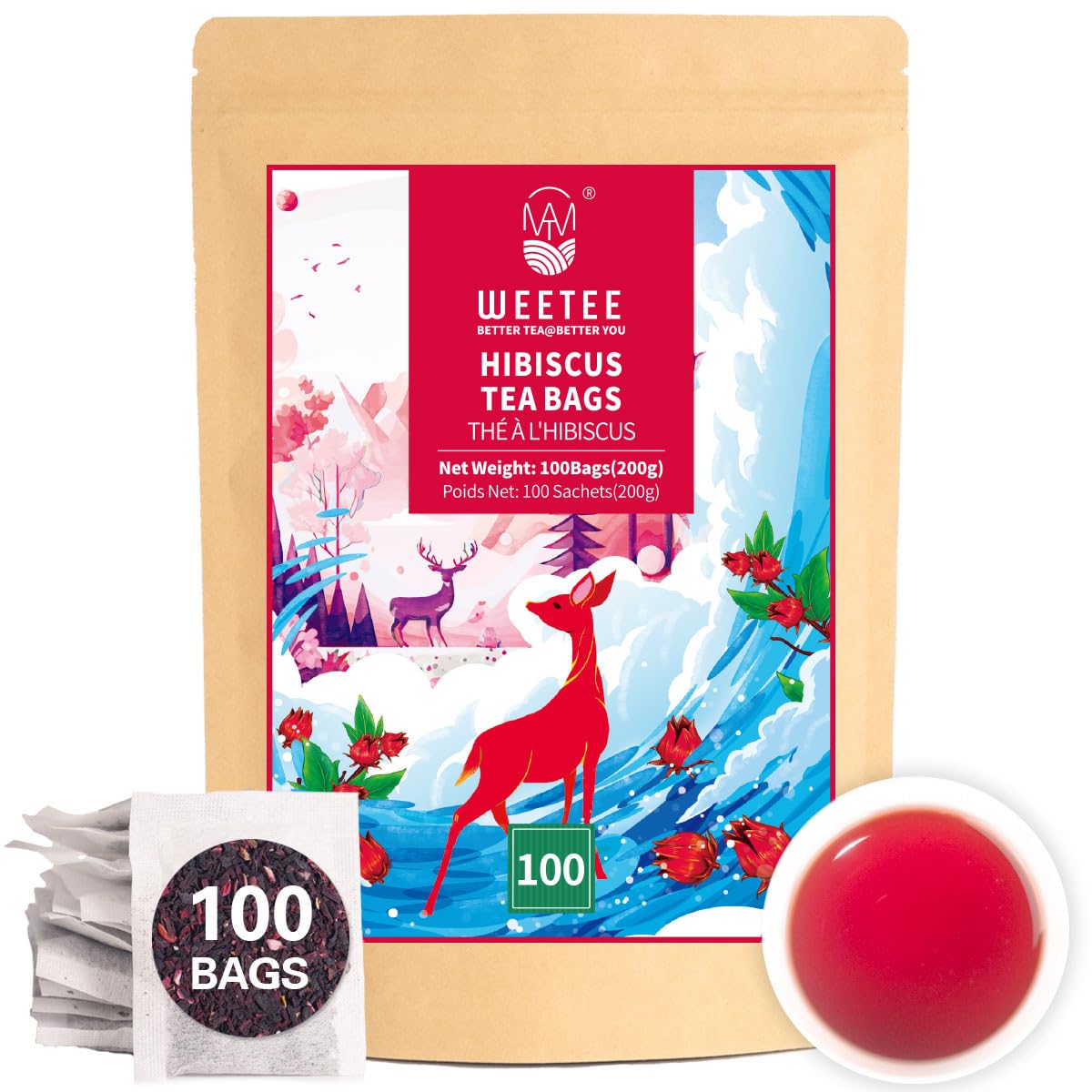 WT WEETEE Hibiscus Tea Bags, Made with 100% Pure Hibiscus Flowers, Natural Caffeine-free Herbal Tea, Tangy & Refreshing, Brew Hot or Iced