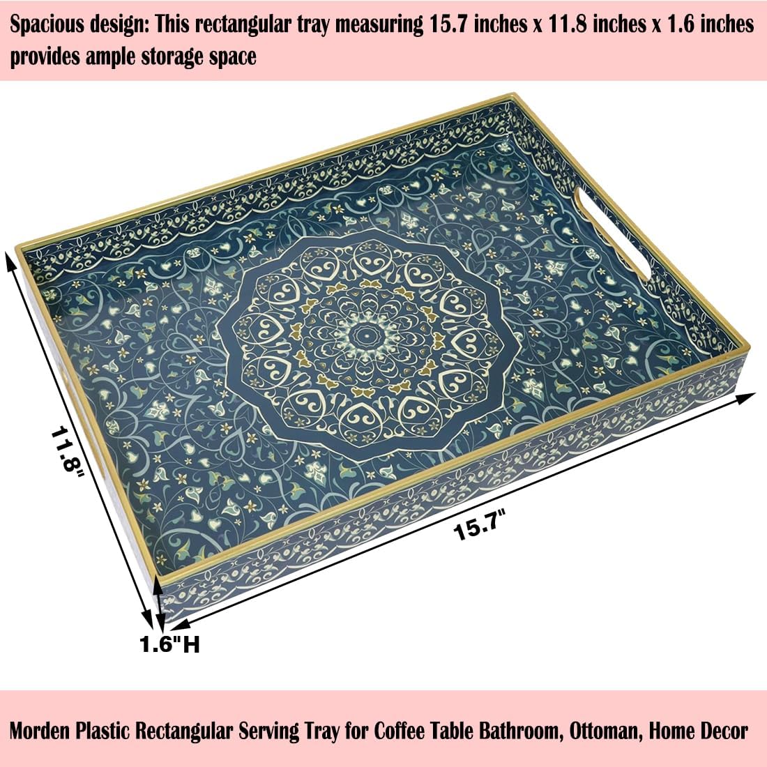 Decorative Tray, Blue Serving Tray with Handles, Ottoman Trays, Plastic Coffee Table Tray for Living Room, Bathroom, Kitchen, Decor, 15.7”*11.8”
