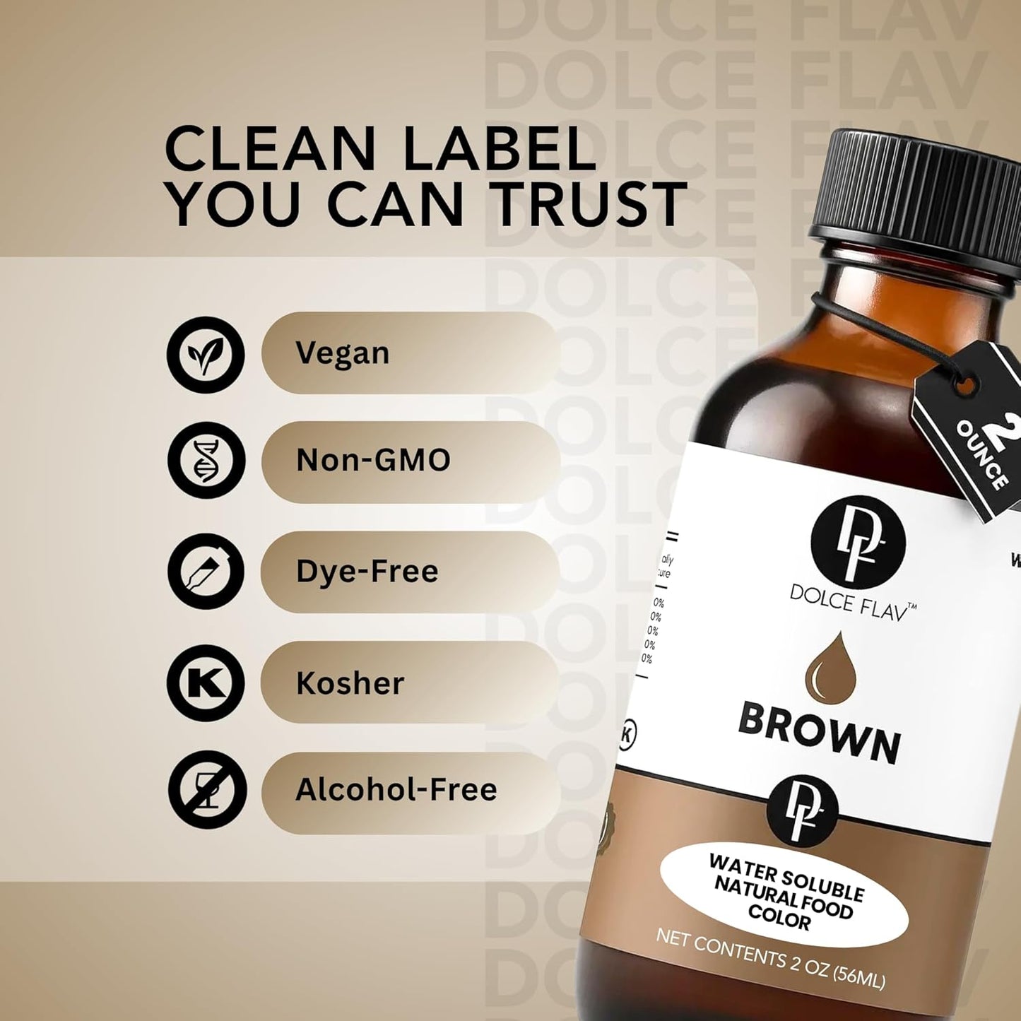 Dolce Flav Natural Brown Food Coloring – 2 oz Liquid Color from Class IV Caramel with Graduated Dropper | Water-Soluble | For Baking, Beverages & Sauces | Kosher | Made in USA