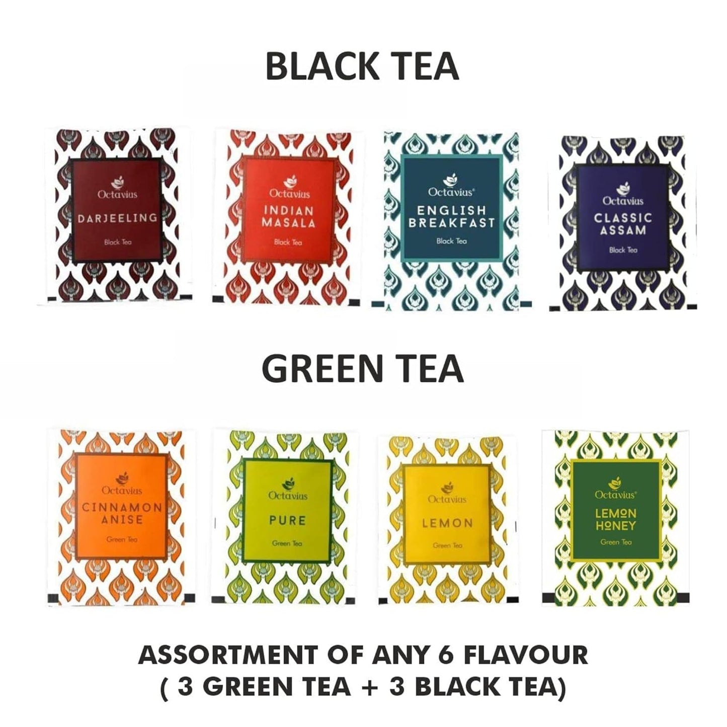 Octavius Assorted Tea Gift Set | 6 Assorted Black & Green Teas | 30 Teabags | Wooden Tea Sampler Pack w/Taj Print Design | Pack of 1