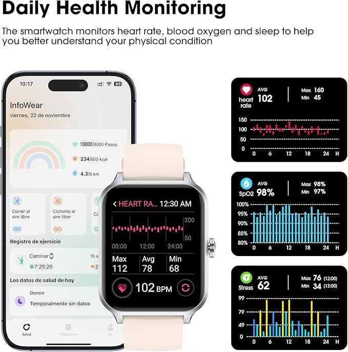 Smart Watch(Answer/Make Call), 1.69" Fitness Tracker with Heart Rate Blood Oxygen Monitor, Sleep Monitor Health Tracker, 100+ Sports Modes, Step Counter, IP68 Waterproof Fitness Watch for Android iOS