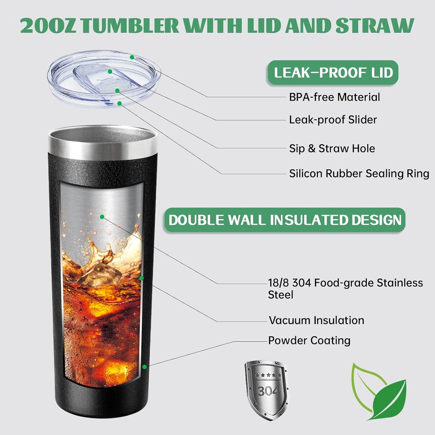 20 oz Skinny Tumbler with Lid and Straw,Stainless Steel Vacuum Insulated Tumbler Double Wall Travel Coffee Mug,Insulated Cup for Coffee, Tea, Beverages,Office (Texture Black,1)