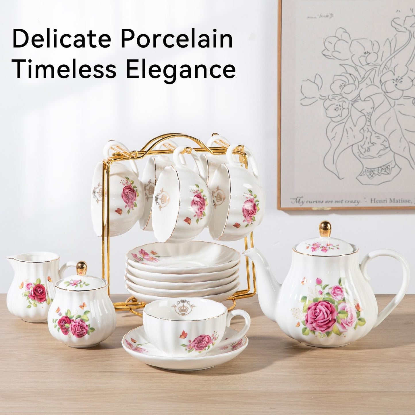 Porcelain Tea Sets British Royal Series, 8 OZ Cups & Saucer Service for 6, with Teapot Sugar Bowl Cream Pitcher Teaspoons and Tea Strainer, Suitable for High Tea, Wedding, Party (Midsummer Rose)