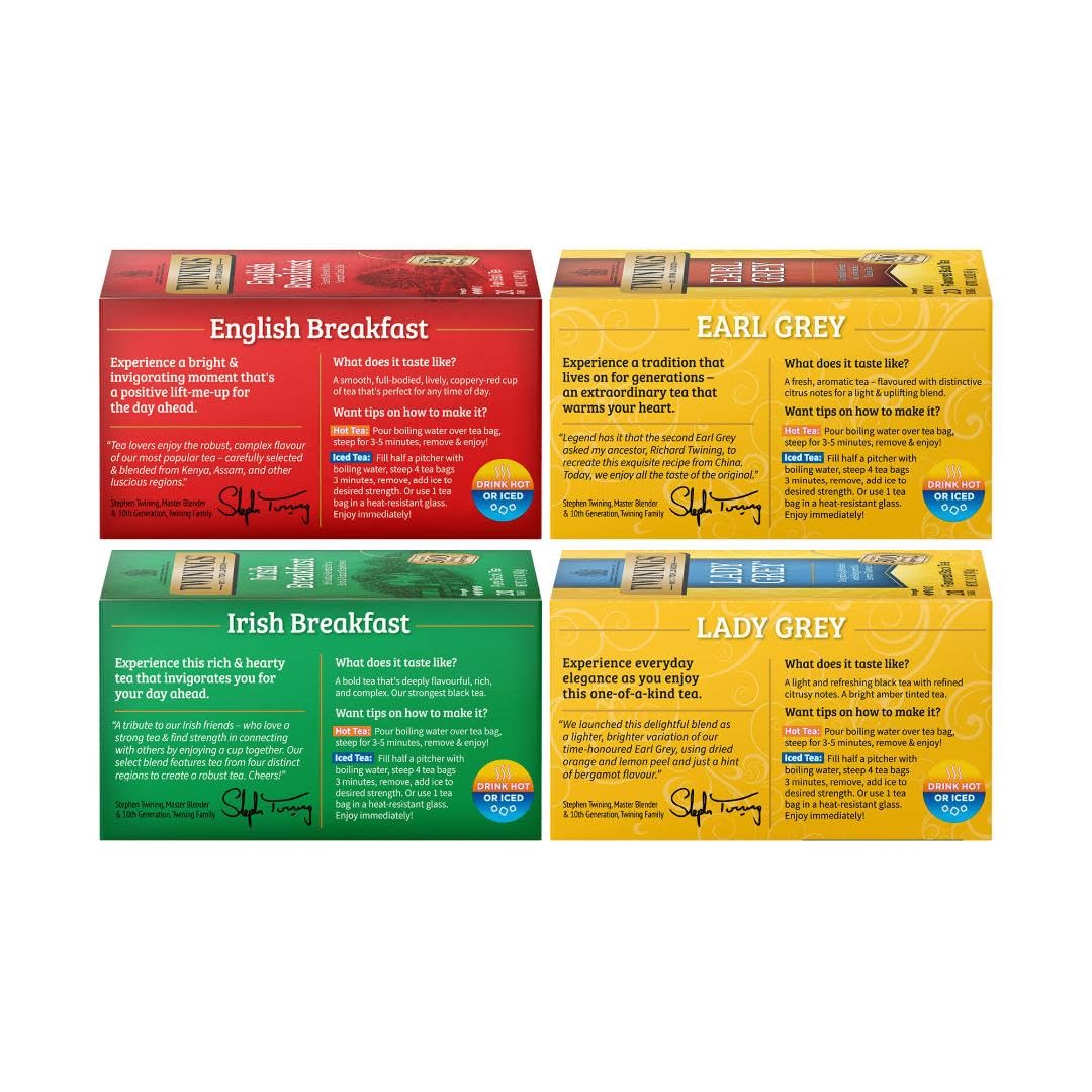 Twinings Variety Pack Black Tea Bags, 20 Count (Pack of 4), Includes English Breakfast, Earl Grey, Irish Breakfast, and Lady Grey, Caffeinated, Enjoy Hot or Iced, 80 Teabags