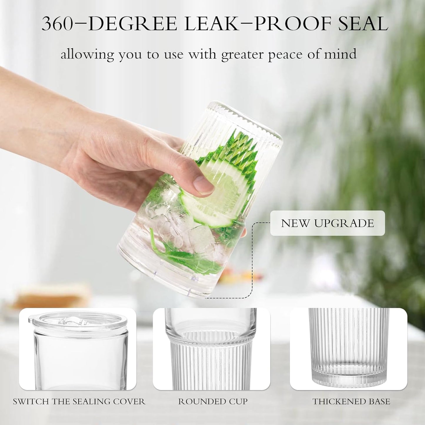 18.5oz Glass Cups with Lids and Straws - Set of 2 Reusable Tumblers, Thickened Shatter-Resistant Glass, Ideal for Iced Coffee, Smoothies, Cocktails, Juices - Elegant & Durable Drinkware