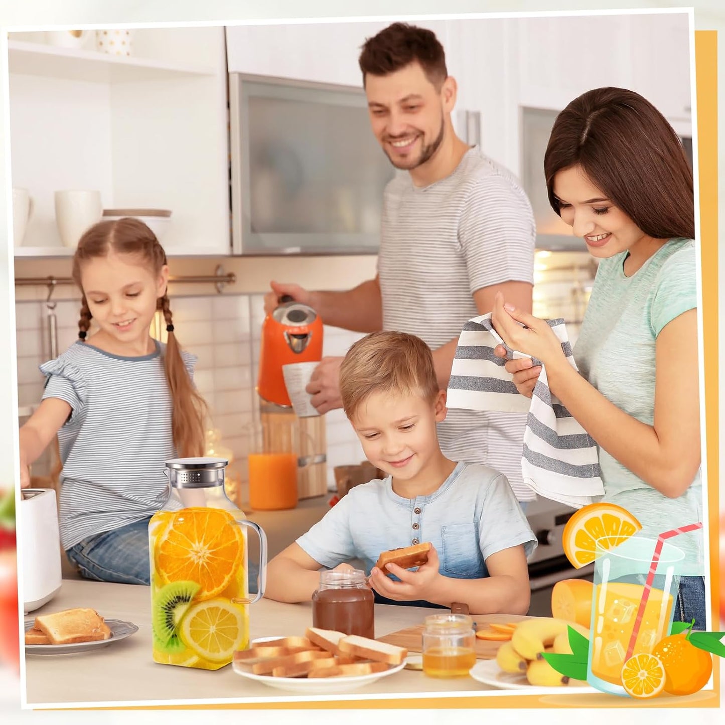 Honeydak 2 Pack 2.5 Liters 85 oz Square Glass Pitcher with Lid and Handle, Glass Water Jars Carafe Jug for Hot/Cold Drinks, Tea, Beverages, Parties and Picnics