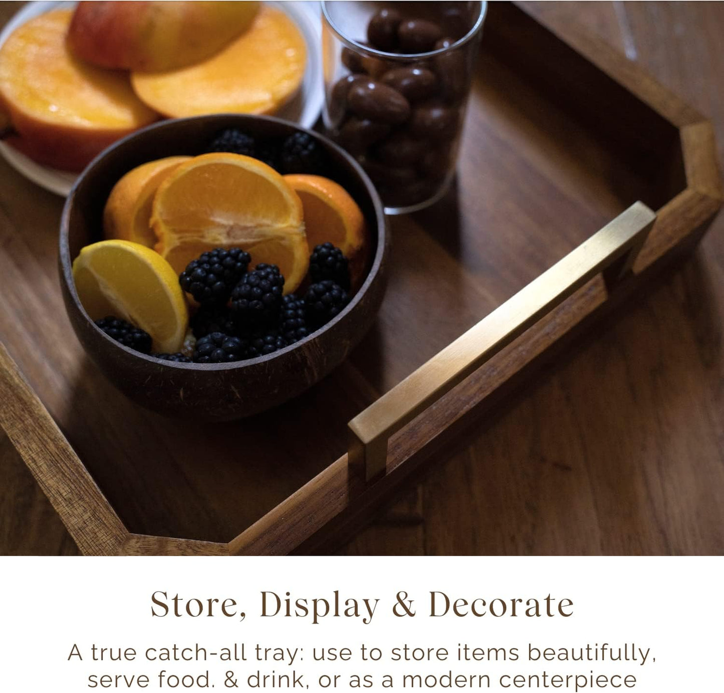 Decorative Acacia Wood Ottoman Tray - Coffee Table Tray - Breakfast, Party, Drinks, Snack, Liquor Serving Platter - Farmhouse to Modern - Brass Handles (Varnish)