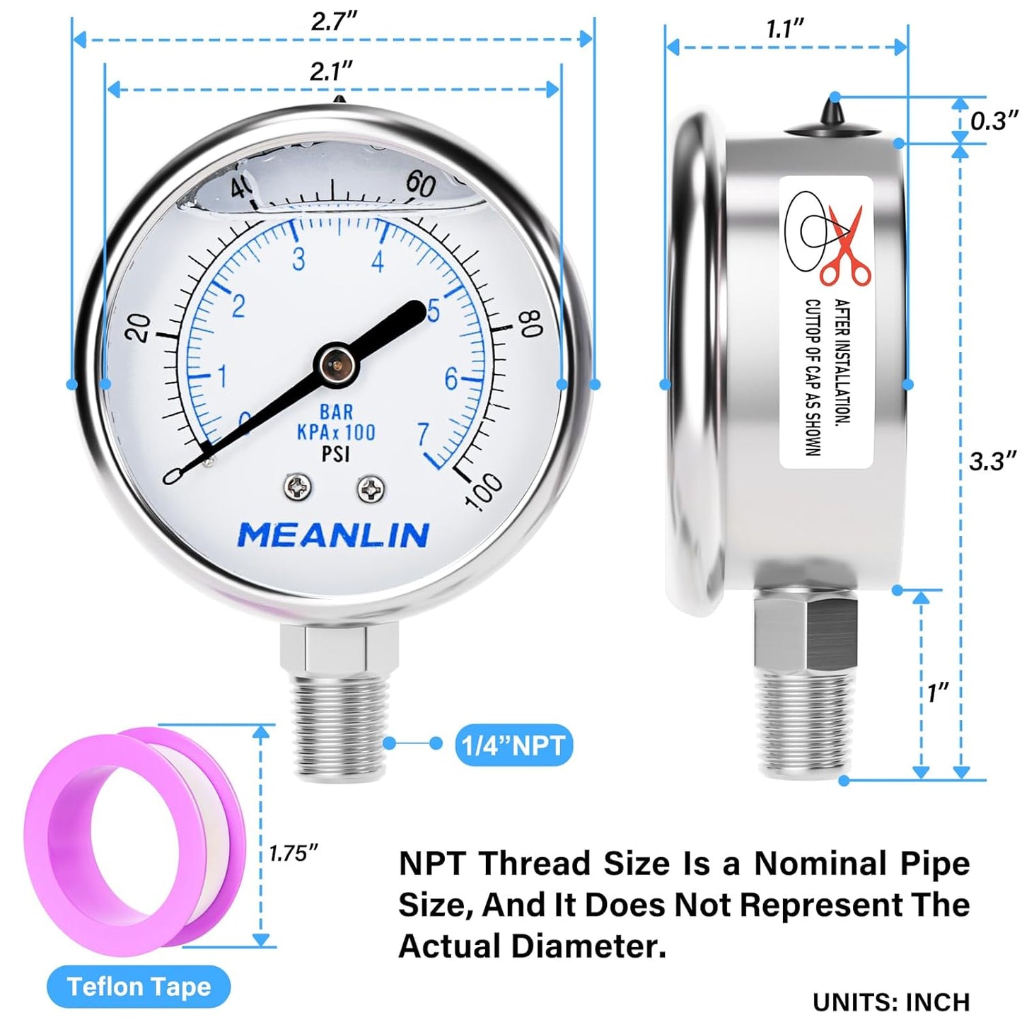 MEANLIN MEASURE 0~100Psi Liquid Filled Pressure Gauge Stainless Steel with 316 Stainless Steel Joint 1/4" NPT 2.5" FACE DIAL for Well Pump Tire Water Pressure Tester Lower Mount