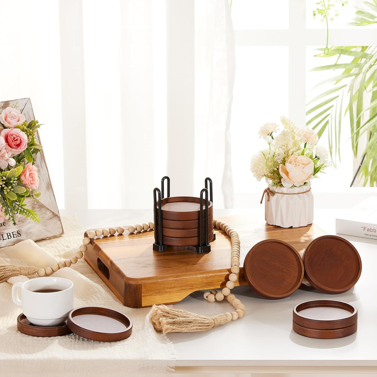 Set of 6 Wooden Coasters With Holder - Coffee Table Coasters for Drinks, Modern Home Decor, Dining Table Decorative Set, Cute Beer Bar Rustic Outdoor Wood Coaster