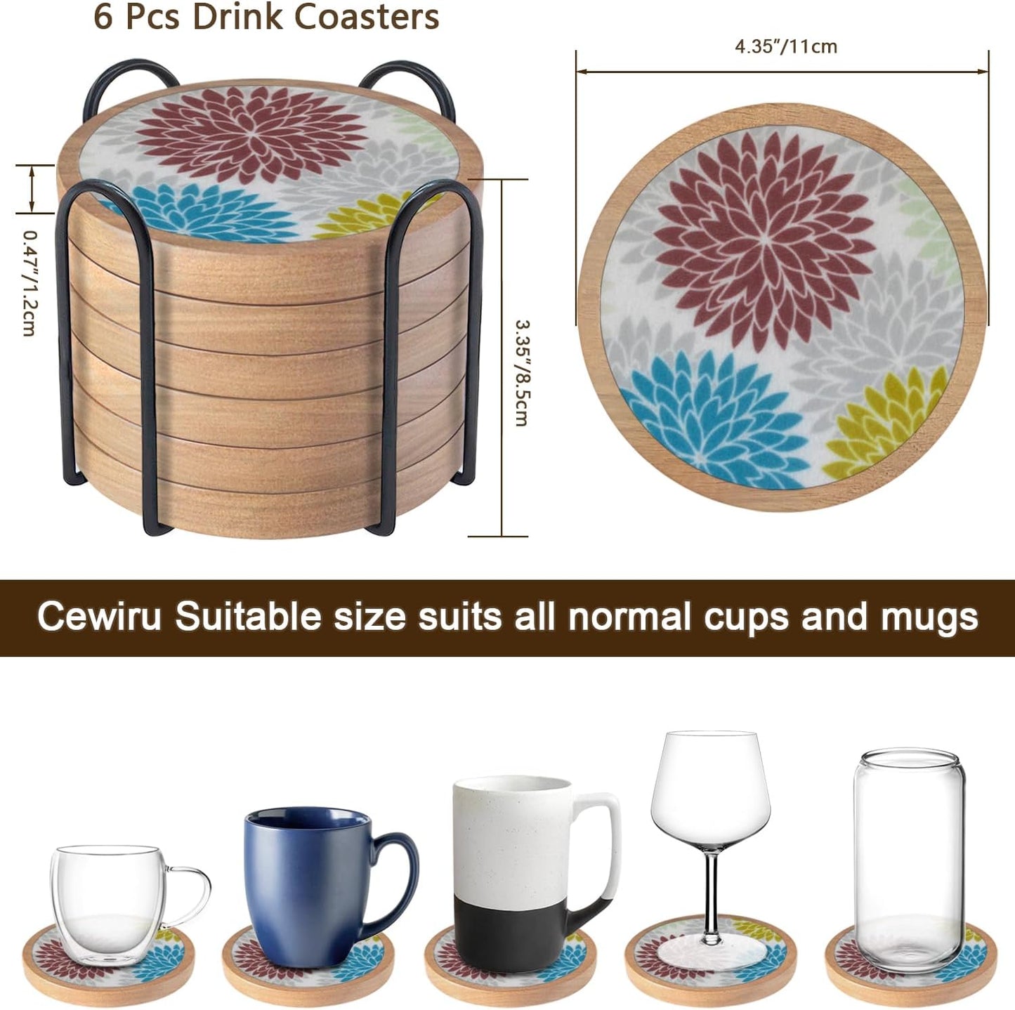 Wood Coasters Set of 6 with Holder, Cewiru Cup Mat for Drinks, Absorbent Coasters with Felt Insert for Coffee Table Protection, Modern Style Home Dining Table Decor, 4.3" Colorful