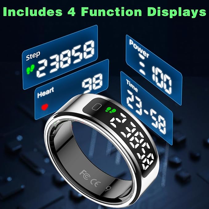 Smart Ring with LED Display Screen, Fitness Tracker Smart Rings for Women Men, Health Ring for iOS & Android, Sleep Tracker Ring Compatible with Heart Rate, SpO2, Sleep, Step (Silver, 11)