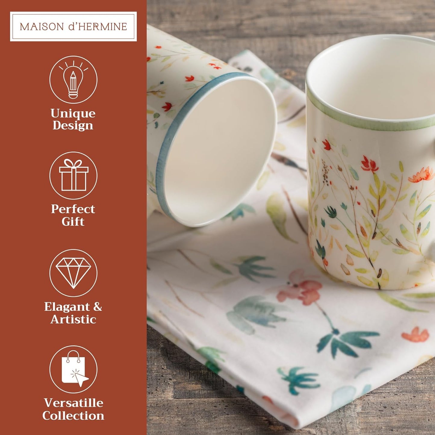 Maison d' Hermine Coffee Mug with Handles Fine Bone China Mugs Pack of Two Tea Cups for Hot Beverages Cappuccino Latte Home Restaurant Office Perfect for Gift (Colmar, 12 Ounce)