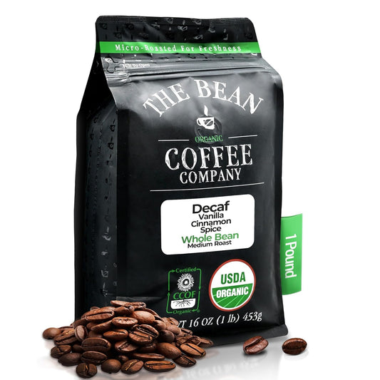 The Bean Organic Coffee Company Water Processed DECAF Vanilla Cinnamon Spice, Medium Roast, Whole Bean Coffee, 16-Ounce Bag