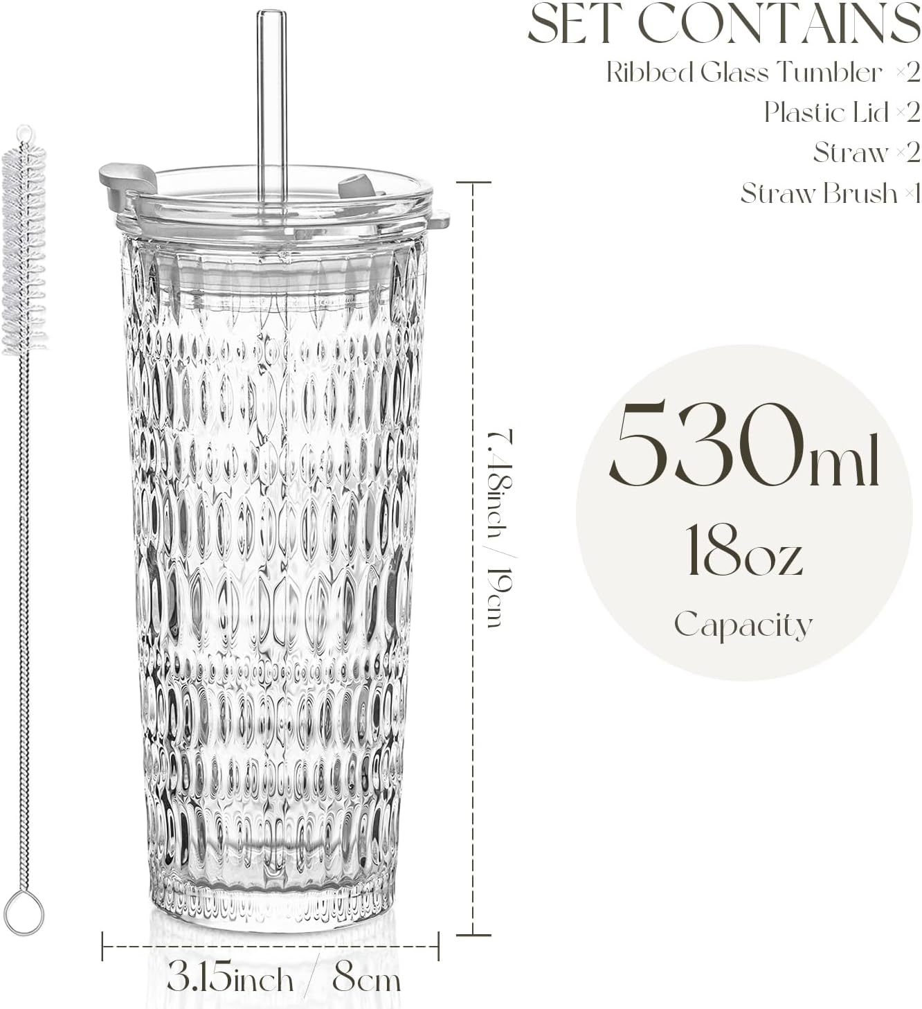 KEMORELA 18oz Glass Tumbler Set of 2 with Straw and Lid – Durable, Leak-Proof, Wide-Mouth Design – Perfect for Iced Beverages, Smoothies, and Daily Hydration Needs