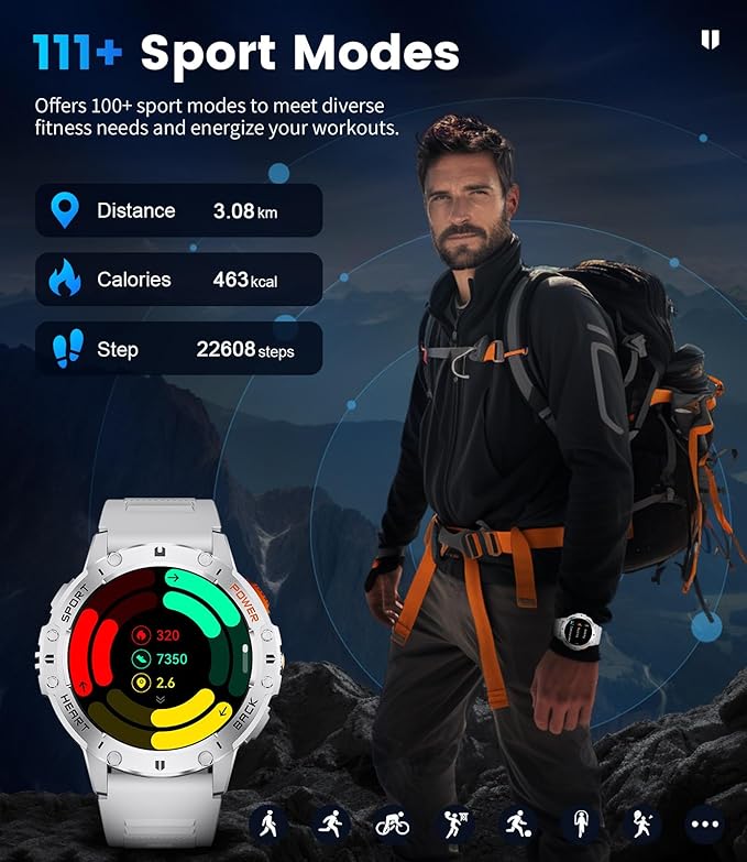 Smart Watches for Men for Android/iPhone,1.43’’ AMOLED Display Sport Watch with 123 Sport Modes/FlashLight,5ATM Waterproof Fitness Tracker with Blood Pressure/Heart Rate/Sleep Monitor,Silver Silicone