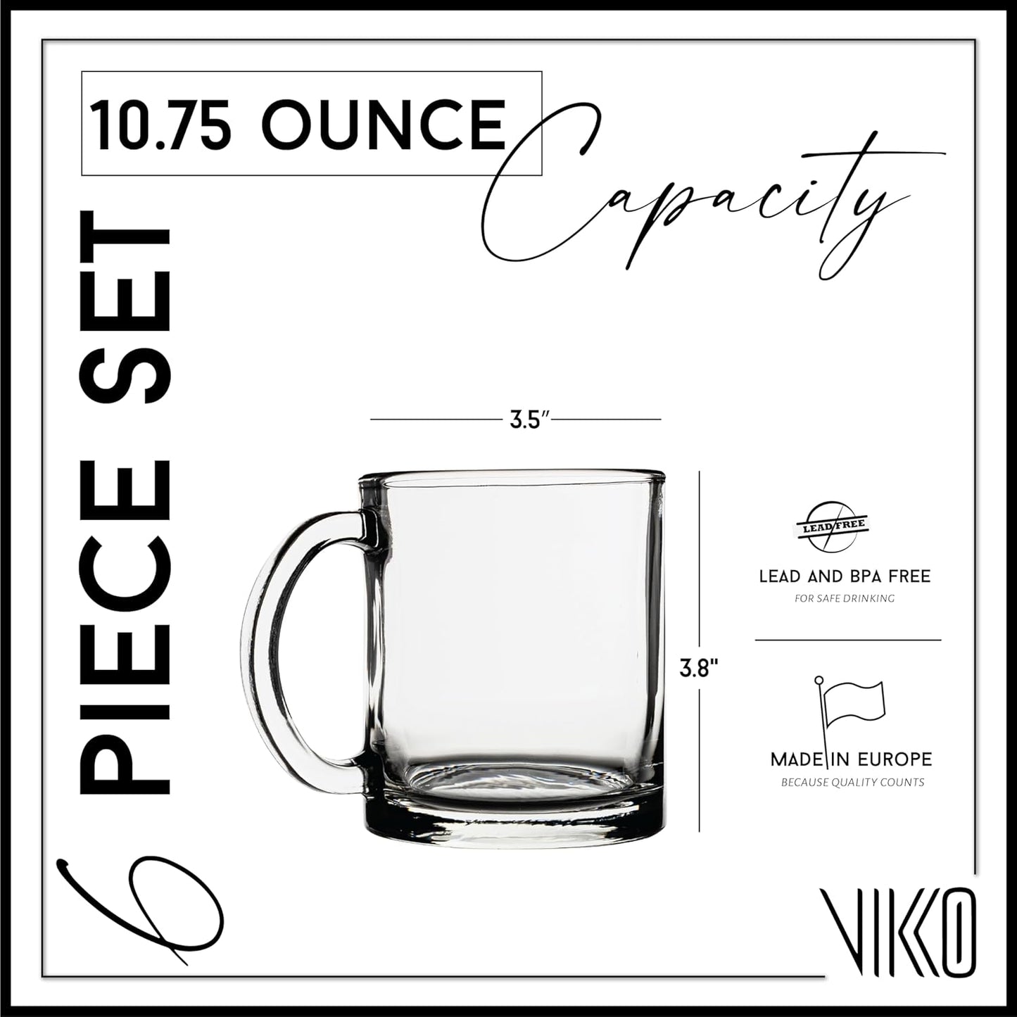 Vikko Glass Coffee Mug Set of 6, 10.75 Ounce Clear Mugs, Microwave and Dishwasher Safe