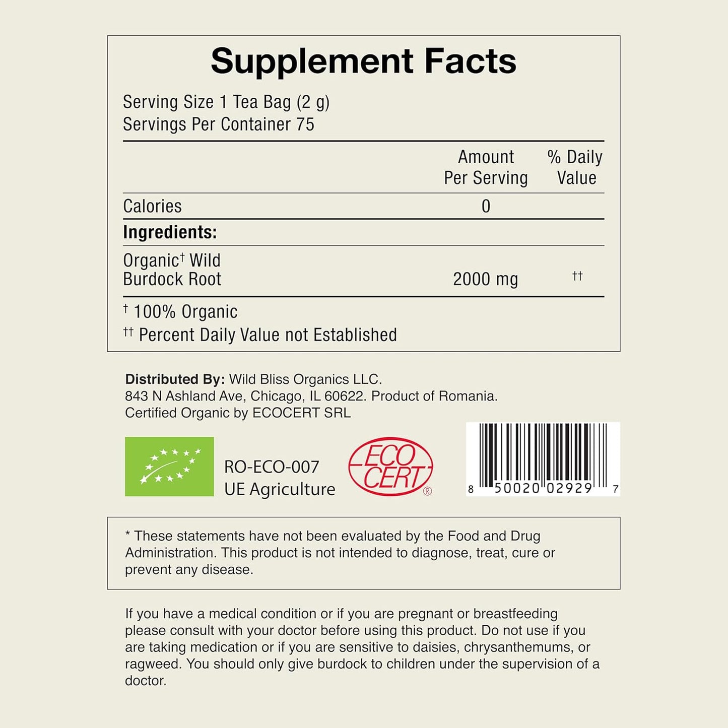 Wild Bliss Organic Burdock Root Tea - Caffeine Free Herbal Detox Support - Pharmacopoeia Quality - 75 Plant Based Tea Bags