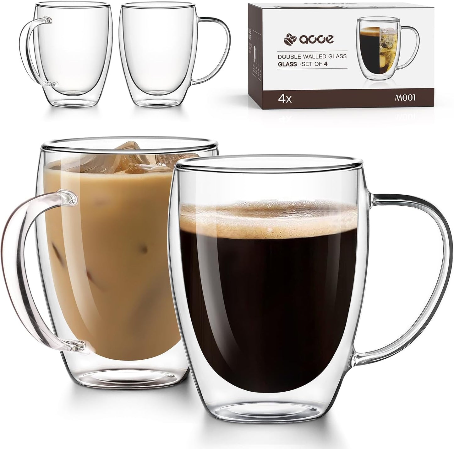 OJA Double Wall Glass Coffee Mugs Set of 4, Hand Blown 12.5OZ Clear Glass Coffee Cups, Insulated Tea Mug, Perfect for Espresso, Cappuccino, Latte, American,Tea Bag, Beverage