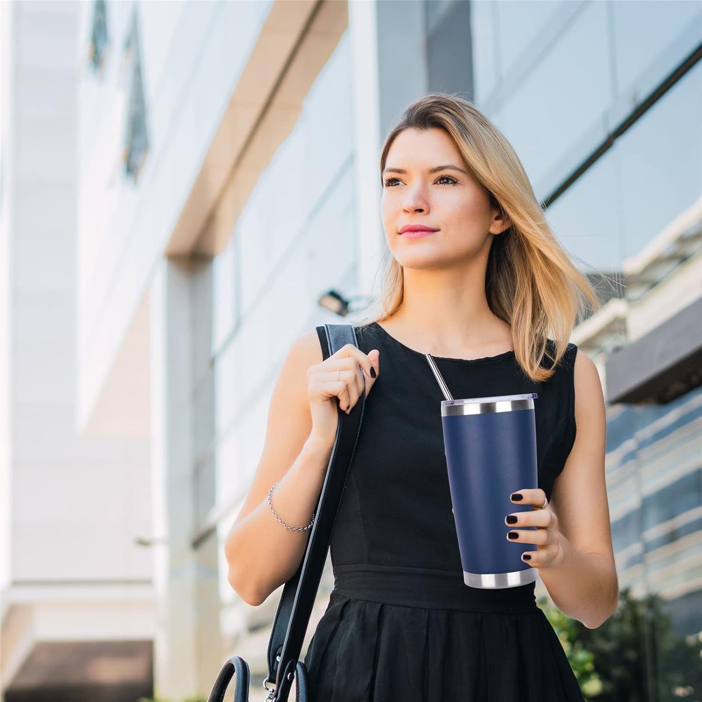 Pandance 20oz Stainless Steel Insulated Tumblers with Lid and Straw Bulk, Double Wall Vacuum Water Cups for Hot & Iced Coffee Drinks Travel Mug (Navy Blue, 8 pack)