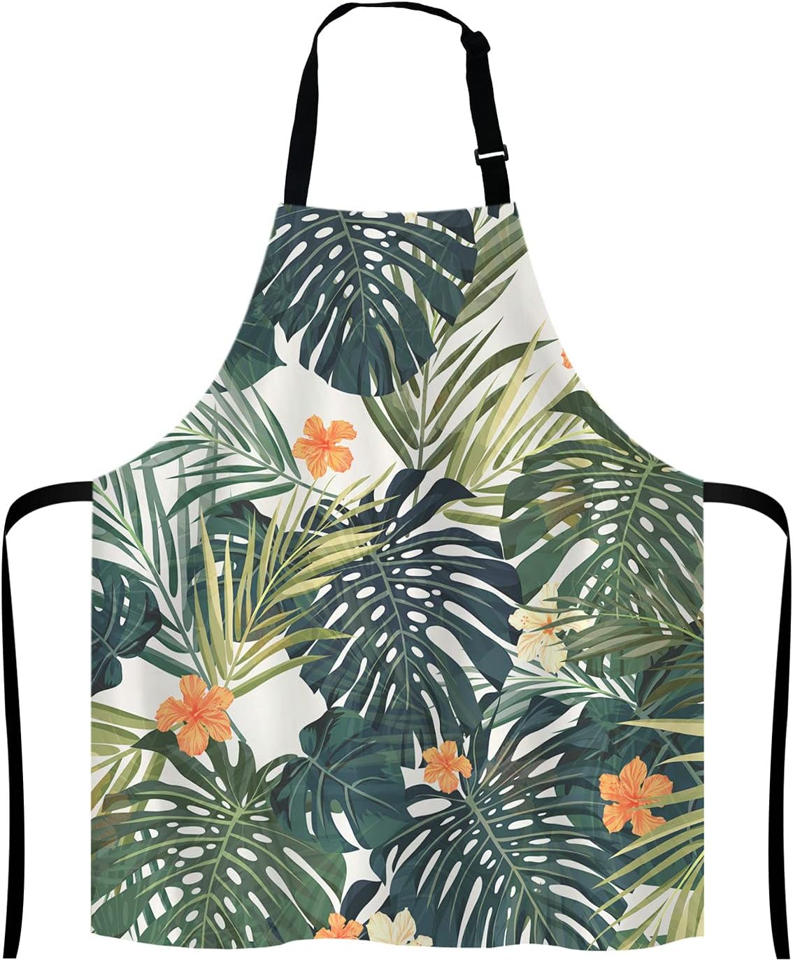 Hibiscus Flowers Apron, Summer Colorful Hawaiian Tropical Plants Unisex Kitchen Bib with Adjustable Neck for Cooking Gardening,Adult Size