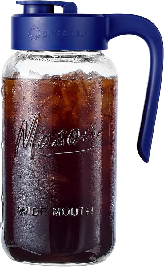 Mason Jar Pitcher - Airtight & Leakproof Glass Pitcher with Lid, Perfect for Breastmilk, Cold Brew, and Sun Tea, 2 Quart (64 oz) Mason Jar with Pour Spout Lid
