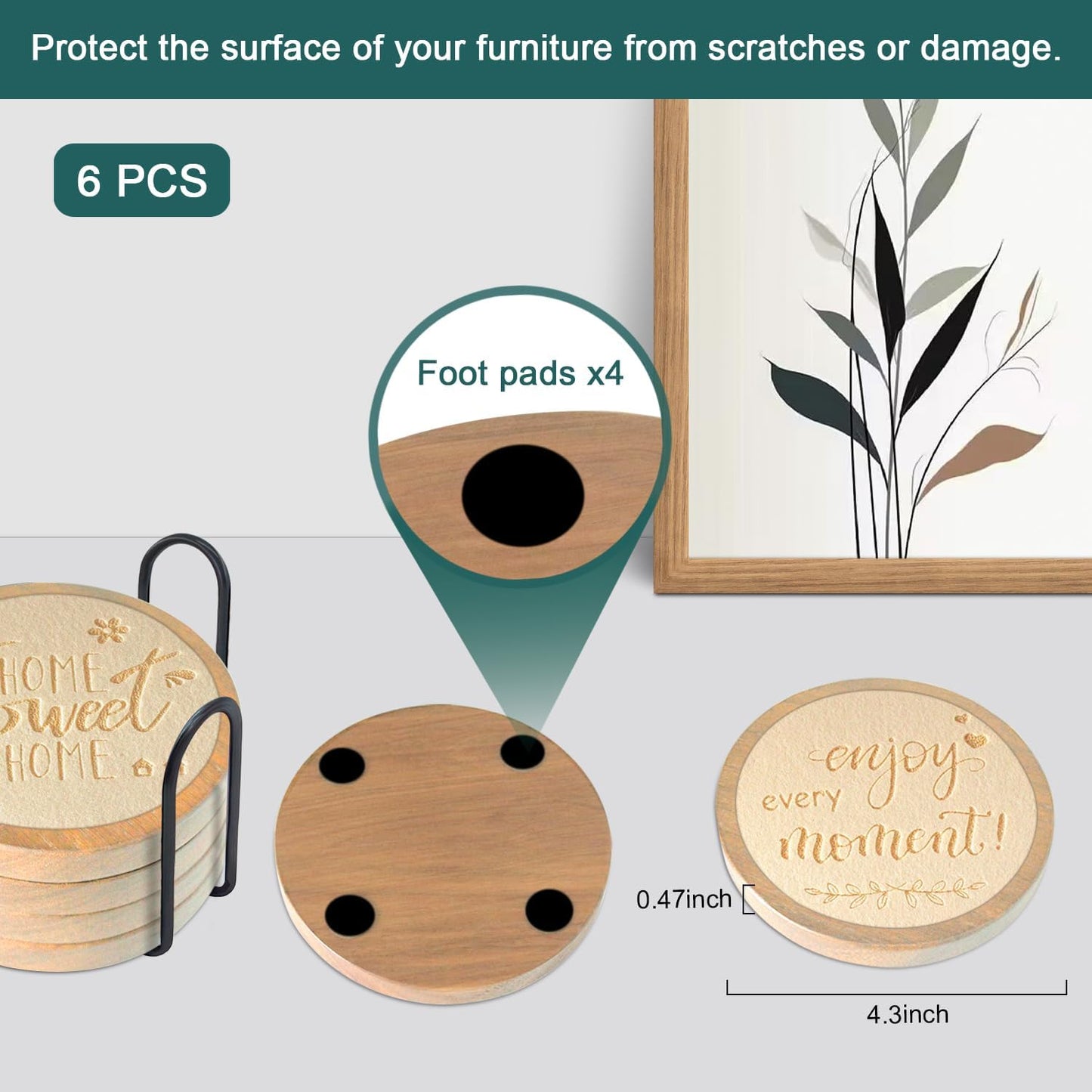 Coasters Sets of 6 Housewarming Gifts for Home Decoration Absorbent Coasters with Holder for Coffee Tabletop Protection 4.3 Inch Beige