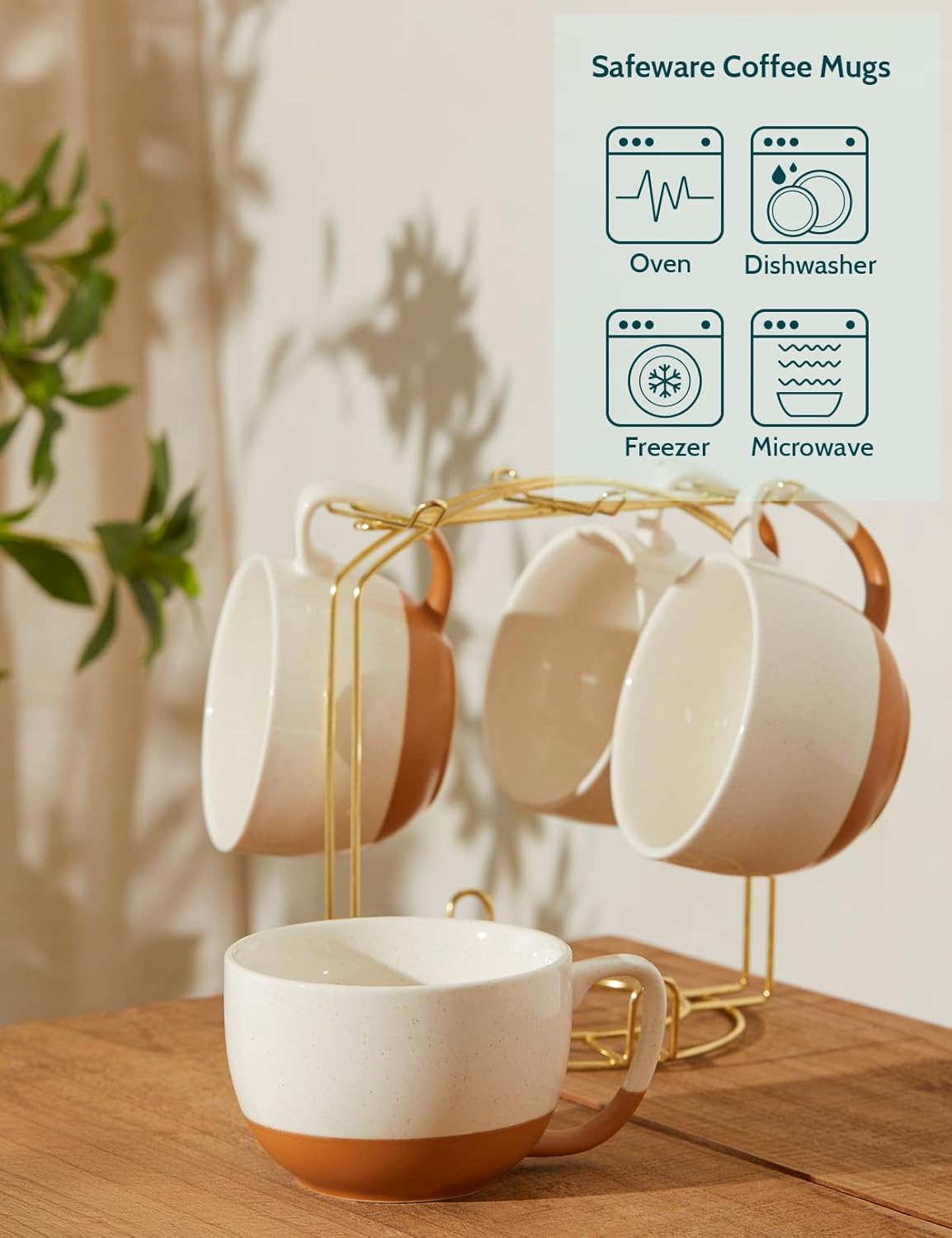 Teocera Beige Coffee Mugs Set of 4, 16 oz Ceramic Coffee Mug, Large Mug Set with Handle for Cold or Hot Drinks like Cocoa, Latte, Milk, Cereal, Durable Porcelain with Nordic Style