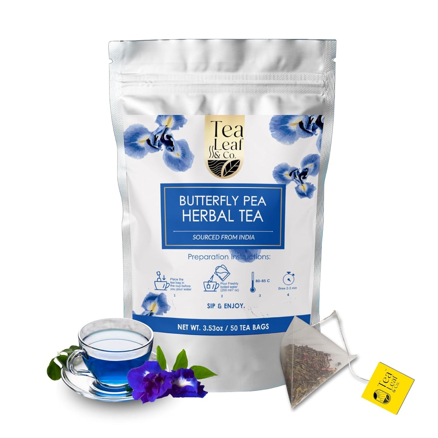 Tealeaf & Co. Butterfly Pea Herbal Tea Bags Blended with Fresh Herbs - Herbal Tea with Butterfly Pea Flower - Contains Low Caffeine - Gluten Free - 50Teabags (3.52oz/100gm)